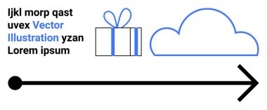 Örnek metin ile sağdaki okun üzerinde bir hediye ve bulutun çizgi çizimi. Modern tasarımlar, web sitesi başlıkları, teknoloji, e-ticaret, bulut hesaplama, navigasyon ve minimalizm için ideal