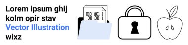 Dizin ikili kodlu bir belge tutuyor. Kilitli asma kilit simgesi, görünür tohumlu dilimlenmiş elma, solda yer tutucu metin. Veri güvenliği, teknoloji, şifreleme, organizasyonel araçlar için ideal
