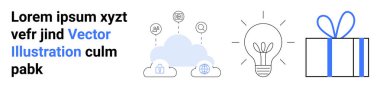 Yer tutucu içeriği olan metin, bulut hesaplama simgeleri, ampul ve hediye. Teknoloji, yenilik, girişim, fikirler yaratıcılık bulutu çözümleri dijital pazarlama afişleri için idealdir. İniş sayfası