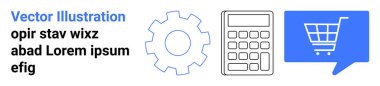 Gear grafik, hesap makinesi taslağı, alışveriş arabalı mavi konuşma balonu. İş için ideal, e-ticaret, teknoloji, finans, mühendislik, iletişim. İniş sayfası