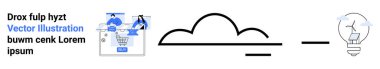 Elektronik cihazlı alışveriş arabası, stilize edilmiş bulut ikonu, fikirleri temsil eden ampul. E-ticaret, çevrimiçi alışveriş, teknoloji entegrasyonu, iş çözümleri, bulut depolama