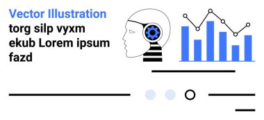 Teçhizatlı insan kafası, bar çizelgesi ve çizgileri. Yapay zeka, veri analizi, bilgi grafikleri, teknoloji, makine öğrenimi, otomasyon, teknoloji tasarımları için idealdir. İniş sayfası