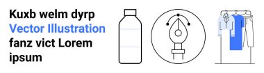 Etiketli bir şişe, daire şeklinde bir kalem aleti simgesi ve askıda giysiler. Tasarım kavramları, eko-bilinçli ürünler, grafik tasarım araçları, moda endüstrisi, metin içeriği, markalaşma sayfası için ideal