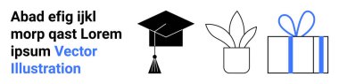Mezuniyet şapkası, saksı çiçeği ve çeşitli renk ve yazı tipleriyle dekoratif metnin yanında paketlenmiş hediye kutusu. Eğitim, kutlamalar, etkinlikler, büyüme ve başarı için idealdir. İniş sayfası