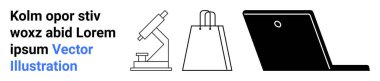 Bilim, ticaret ve teknolojiyi temsil eden mikroskop, alışveriş çantası ve dizüstü bilgisayar. Eğitim, e-ticaret, dijital dönüşüm, çevrimiçi öğrenim sektörü sunumları için ideal başlangıç teknolojisi