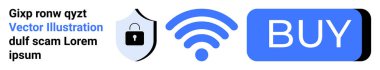 Kilitli güvenlik kalkanı, kablosuz sembol ve satın alma düğmesi anahtar elementler. E-ticaret, çevrimiçi güvenlik, kablosuz bağlantı, kullanıcı arayüzü tasarımı, dijital işlemler, alışveriş, web