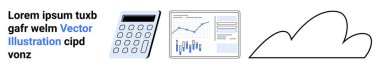 Hesap makinesi, çizelgeli analitik gösterge paneli ve bulut sembolü. İş, finans, veri analizi, bulut hesaplama, üretkenlik, dijital araçlar ve teknoloji için idealdir. İniş sayfası