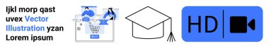 Virtual classroom with students studying online, graduation cap symbolizing education, and HD video icon representing high-quality videos. Ideal for online learning, academic achievements clipart