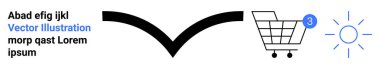 Bildirimli alışveriş arabası, ok işareti, güneş ikonu ve yer tutucu metin. E-ticaret, bildirimler, dijital öğrenme, çevrimiçi hizmetler, kullanıcı arayüzü ve web tasarımı için ideal