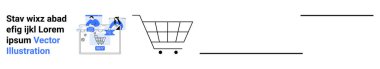 İki karakter bir alışveriş arabası ikonu yakınındaki dijital cihazlarda etkileşime girer. E-ticaret, dijital pazarlama, çevrimiçi iş, teknoloji, tüketici davranışı, web tasarımı ve perakende satış için ideal. İniş sayfası