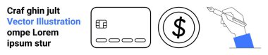 Kredi kartı ikonu, dolar sembolü ve kalem tutan bir el. Finans, bankacılık, e-ticaret, ödemeler, sözleşmeler finansal eğitim için idealdir. İniş sayfası