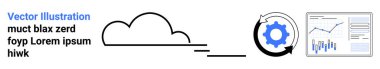 Bağlantı çizgileri olan bulut simgesi, ayarlar sembolü olan mavi dişli ve grafik ve veri noktaları olan analitik gösterge paneli. Veri entegrasyonu, bulut hizmetleri, analitik, dijital optimizasyon için ideal