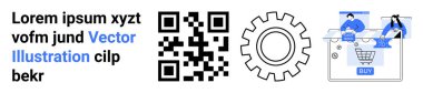 Satın alma düğmesiyle çevrimiçi alışveriş arayüzü için metin, dişli simgesi ve takım işbirliğinin yanındaki QR kodu. Teknoloji, dijital pazarlama, e-ticaret, takım çalışması, web tasarımı, verimlilik yeniliği için ideal