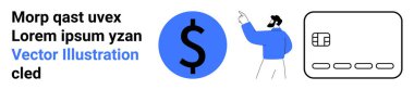 Dolar işareti simgesi, yukarı bakan kişi ve bir kredi kartı. Bankacılık, finans, e-ticaret, işlemler, finansal okuryazarlık ödemeleri için ideal. İniş sayfası
