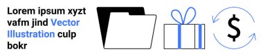 Dizin simgesi, mavi kurdeleli hediye kutusu ve oklu dolar işareti. İş organizasyonu için ideal, finans yönetimi, kurumsal hediyeler, üretkenlik araçları, e-ticaret çözümleri, finansal