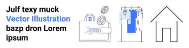 Cüzdanında döviz sembolleri, askıda giysiler ve ev taslağı var. E-ticaret, dijital işlemler, online alışveriş, moda perakendecisi, emlak finans hizmetleri web tasarımı için ideal. İniş