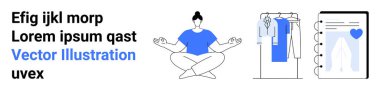Mesaj, bağdaş kurup meditasyon yapan bir kadın giysi rafı ve kalp ikonu olan bir internet alışveriş uygulaması. Sağlık, farkındalık, e-ticaret, moda, dijital arayüzler için ideal