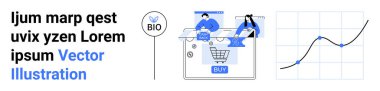 Karakterler online alışveriş arayüzü ve BIO etiketi ile etkileşime giriyor. Veri eğilimlerini gösteren grafik. E-ticaret, piyasa araştırması, çevrimiçi alışveriş, veri analizi, web sitesi tasarımı, iş stratejisi için ideal