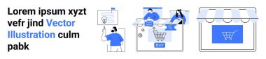 Online shopping concepts featuring people searching and purchasing products, shopping cart icon, storefront. Ideal for e-commerce platforms, online retail, user experience design, marketing clipart