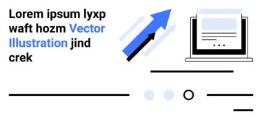 Dizüstü bilgisayardan yükselen oklar, dizüstü bilgisayar, metin elemanları ve gösterge paneli simgeleri. Web tasarımı için ideal, SEO, ilerleme izleme, arayüz düzeni, dijital pazarlama, büyüme ve çevrimiçi iş dünyası