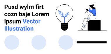 Bir kutunun üzerinde oturan kadın, fikri sembolize eden bir ampulle düşünüyor, yanında da yer tutucu metin ve tasarım unsurları var. Yaratıcılık, yenilik, beyin fırtınası, hayal gücü, ilham için ideal