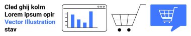 Alışveriş arabası, tarayıcı penceresinde bar grafiği ve el arabasıyla mavi sohbet arayüzü. E-ticaret, çevrimiçi alışveriş, veri analizi, müşteri desteği, dijital pazarlama, perakende içgörüleri, web sitesi