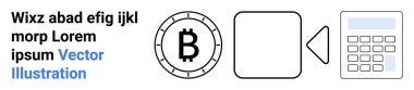 Çemberin içinde Bitcoin sembolü, bitişik kare, hesap makinesinde üçgen. Kripto para, ekonomi, finans, ticaret, muhasebe, dijital para birimi ve yatırımlar için idealdir. İniş sayfası