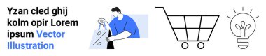 Erkek işaretleme listesi, alışveriş arabası ve ampul çizimi görev yönetimi, alışveriş ve yaratıcılığı sembolize eder. Dijital pazarlama, perakende stratejisi, yenilik ve iş planlaması için ideal