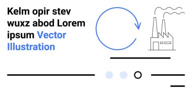 Fabrika bacaları, dairesel ok sembolü ve yer tutucu metni. Sanayi, üretim, üretim süreçleri, çevresel etki, geri dönüşüm, sürdürülebilirlik ve mühendislik için ideal
