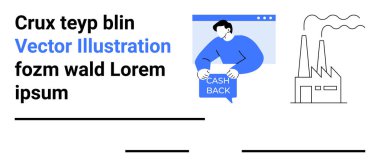 Cash Back tabelasını tutan adam, duman yayan endüstriyel fabrika. Ekonomik kavramlar, finans, imalat, reklamlar, promosyonlar, eğitim materyalleri, iş sunumları için idealdir. İniş