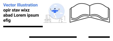 Şehir binalarına karşı ampullerle hokkabazlık yapan adam, satırlarla açık kitap ve yer tutucu metin. Eğitim, iş, teknoloji, yaratıcılık, şehir temaları, öğrenme, sunumlar için idealdir. İniş