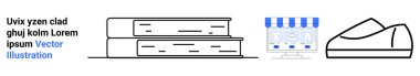 Birikmiş kitaplar, mavi tenteli e-ticaret mağazası, sıradan ayakkabı ikonu ve yer tutucu metni. Eğitim, çevrimiçi alışveriş, okuma, ayakkabı, tasarım, markalaşma ve e-ticaret temaları için ideal