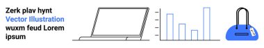Laptop, dikey bar çizelgesi, üzerinde fiyat etiketi olan mavi çanta. Çevrimiçi alışveriş, iş analizleri, e-ticaret, finansal raporlar, pazarlama stratejileri eğitim satış analizleri için idealdir. İniş sayfası