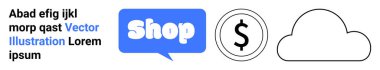 Mavi konuşma balonu, Dükkan metni, siyah dolar işareti, ve siyah bulut ana hatları. E-ticaret, finans, bulut hizmetleri, çevrimiçi perakende satış ve dijital pazarlama için ideal. İniş sayfası için pankart