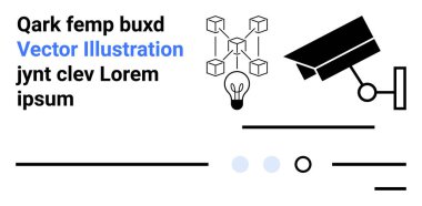 Blockchain, güvenlik kamerası ve ampullü siber güvenlik kavramı. Teknoloji için ideal, engelleme zinciri, IOT, yenilik, güvenlik, gözetim, veri koruması. İniş sayfası