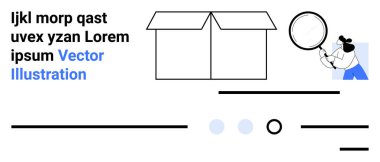 Büyüteç tutan adam, açık kutu, metin içeriği, soyut çizgiler, daireler. Analiz, teftiş, arama, keşif, araştırma ve soruşturma konuları için ideal. İniş sayfası