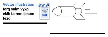 Alışveriş arabası ikonlu akıllı telefon, roket fırlatma. E-ticaret, lojistik, mobil uygulamalar, online mağazalar, hızlı dağıtım, girişimler, müşteri hizmetleri için ideal. İniş sayfası