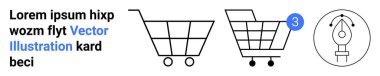 Alışveriş arabası simgelerinde 3 işaretli, yanında yer tutucu metni ve kalem aleti grafiği var. E-ticaret, alışveriş, çevrimiçi mağazalar, perakende satış, dijital tasarım, web geliştirme için ideal