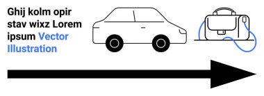 Siyah ok sağa, parlak araba, mavi kayışlı şık el çantası ve metin bloğu. Ticari büyüme, ulaşım, moda, seyahat, pazarlama stratejisi, e-ticaret ve modern yaşam tarzı için ideal