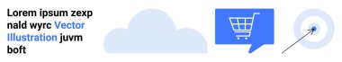 Alışveriş arabası ikonu içeriden konuşma balonu, bulut ve ok ile hedef alınıyor. E-ticaret, bulut depolama, dijital pazarlama, online alışveriş, hedef alma, hassas pazarlama, teknoloji hizmetleri için ideal. İniş