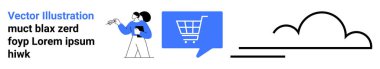 Panosu olan kadın karakter, konuşma balonunda mavi alışveriş arabası, buluta benzeyen siyah kıvrımlı çizgi. E-ticaret, çevrimiçi alışveriş, veri analizi, bulut hesaplama, iş için ideal