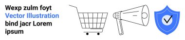 Alışveriş arabası, megafon ve e-ticaret, reklam ve güvenlik temalarını temsil eden işaretli bir kalkan. Çevrimiçi alışveriş reklamları, pazarlama kampanyaları, güvenli çıkış, iş