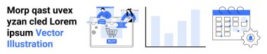 E-ticaret satış sitesi, alışveriş verilerini analiz eden kullanıcılar, bar grafiği, vitesli takvim. Çevrimiçi iş, veri analizi, e-ticaret, pazarlama stratejileri, verimlilik planlaması için ideal
