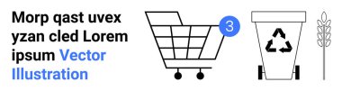 Mavi 3 'lü alışveriş arabası, sembollü geri dönüşüm kutusu ve buğday kulağı. Sürdürülebilirlik, alışveriş, geri dönüşüm, tarım, çevre dostu temalar, atık yönetimi için idealdir. İniş sayfası