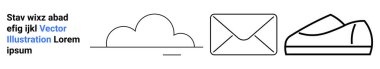 Bulut çizgisi, zarf taslağı, lorem ipsum yazılı ayakkabı çizgisi. Modern web sitesi elemanları, minimalist tasarım, teknik temalar, e-posta uygulamaları, hava durumu uygulamaları, ayakkabı mağazaları ve dijital pazarlama için ideal