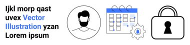 İnsan siluetiyle iş profili çemberi, işaretli ve teçhizatlı takvim, kilit sembolü. İş planlaması, zamanlaması, kullanıcı profili yönetimi, güvenlik, şifreleme, gizlilik ayarları için ideal