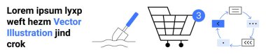 Üç öğesi olan alışveriş arabası, iş akışı şeması, mavi röfleli metin düzenleme ve bir mala. E-ticaret, verimlilik, alışveriş, süreç akışı, metin düzenleme, inşaat, dijital