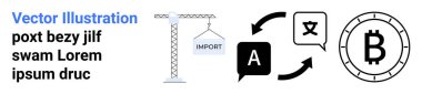 Turna ithalat işareti, metin sembollü çeviri simgeleri, Bitcoin sembolü. Uluslararası ticaret, küreselleşme, lojistik, dil hizmetleri, kripto para birimi, finans için ideal