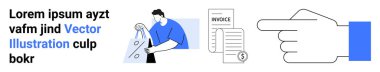Elinde indirim işareti olan bir alışveriş çantası dolar işareti olan bir fatura ve işaret eden bir el resmi olan bir adam. E-ticaret, perakende, satış, çevrimiçi alışveriş, fatura, navigasyon ve müşteri etkileşimi için ideal