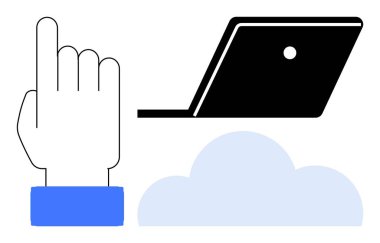 Dizüstü bilgisayarın yanına doğru uzanan mavi kelepçeli el kaldırıldı ve aşağısı bulutlu. Uzaktan erişim, bulut depolama, çevrimiçi iletişim, dijital işbirliği, veri senkronizasyonu, teknoloji entegrasyonu için ideal